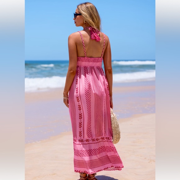 Pink Boho Square Neck Sleeveless. Dress Pink and Red Patterned Maxi Dress - Picture 3 of 7